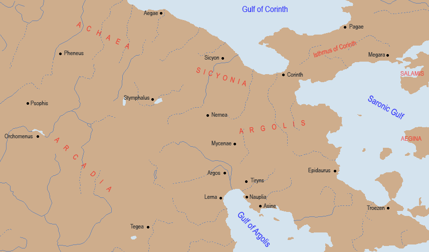 Carte interactive de l'Argolide : Isthmia, Sicyonie et Arcadie