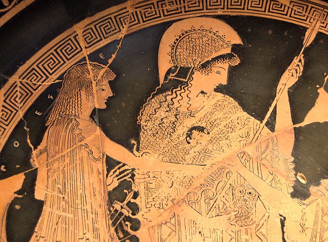 Thésée et Athéna sur un vase grec
