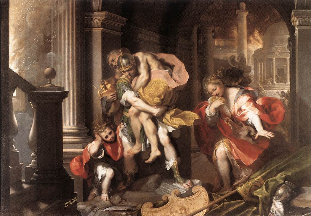 Énée portant Anchise et guidant Ascagne hors de Troie en flammes