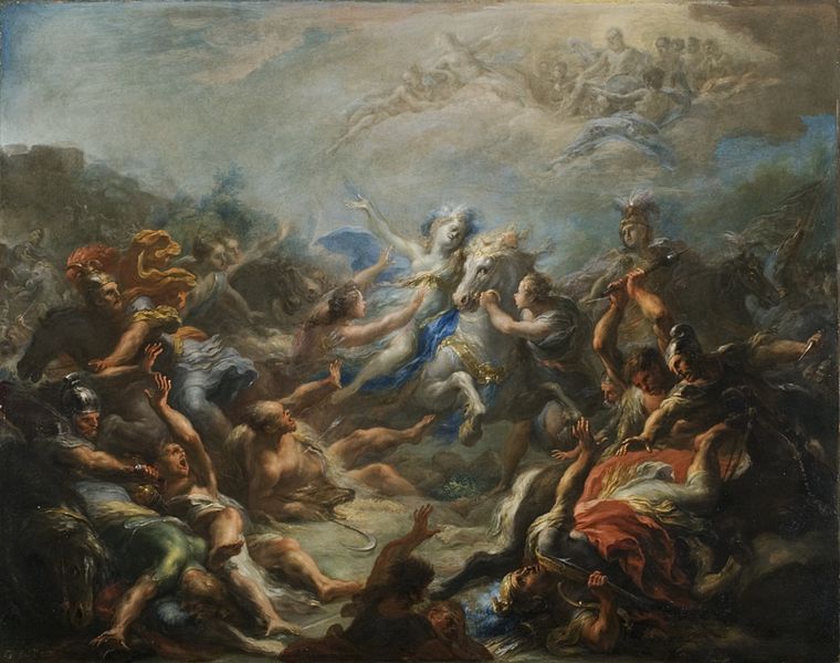 Peinture de Camille au combat, scène de l'Énéide de Virgile