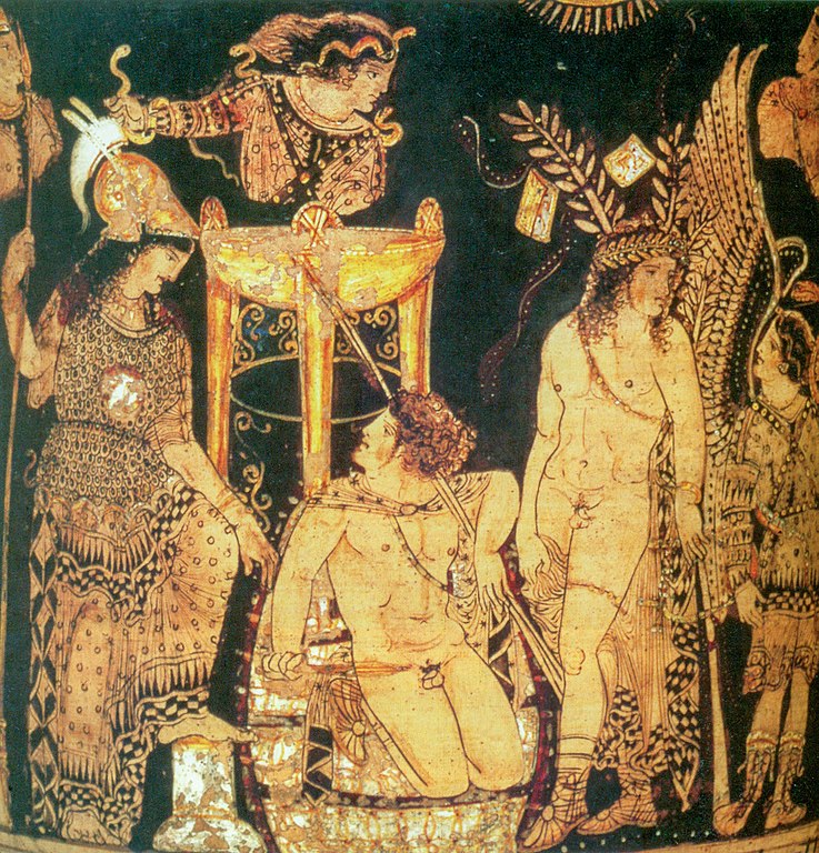 Oreste visitant la Pythie à Delphes pour demander l'aide d'Apollon et d'Athéna, IVe siècle av. J.-C.