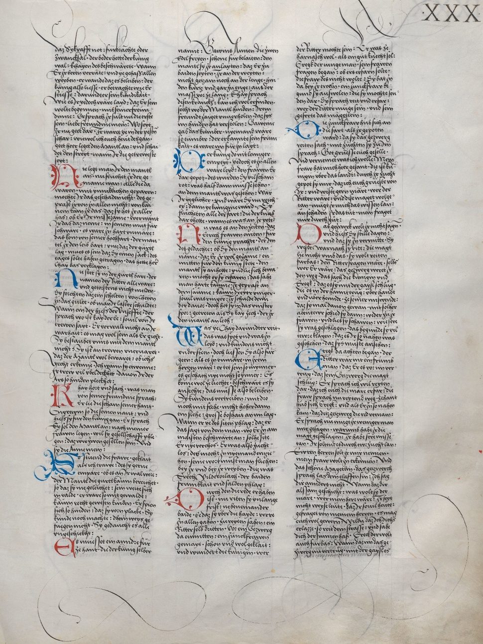 Ambraser Heldenbuch, folio 30r, montrant le début de l'Erec de Hartmann von Aue, 1516, bibliothèque nationale d'Autriche
