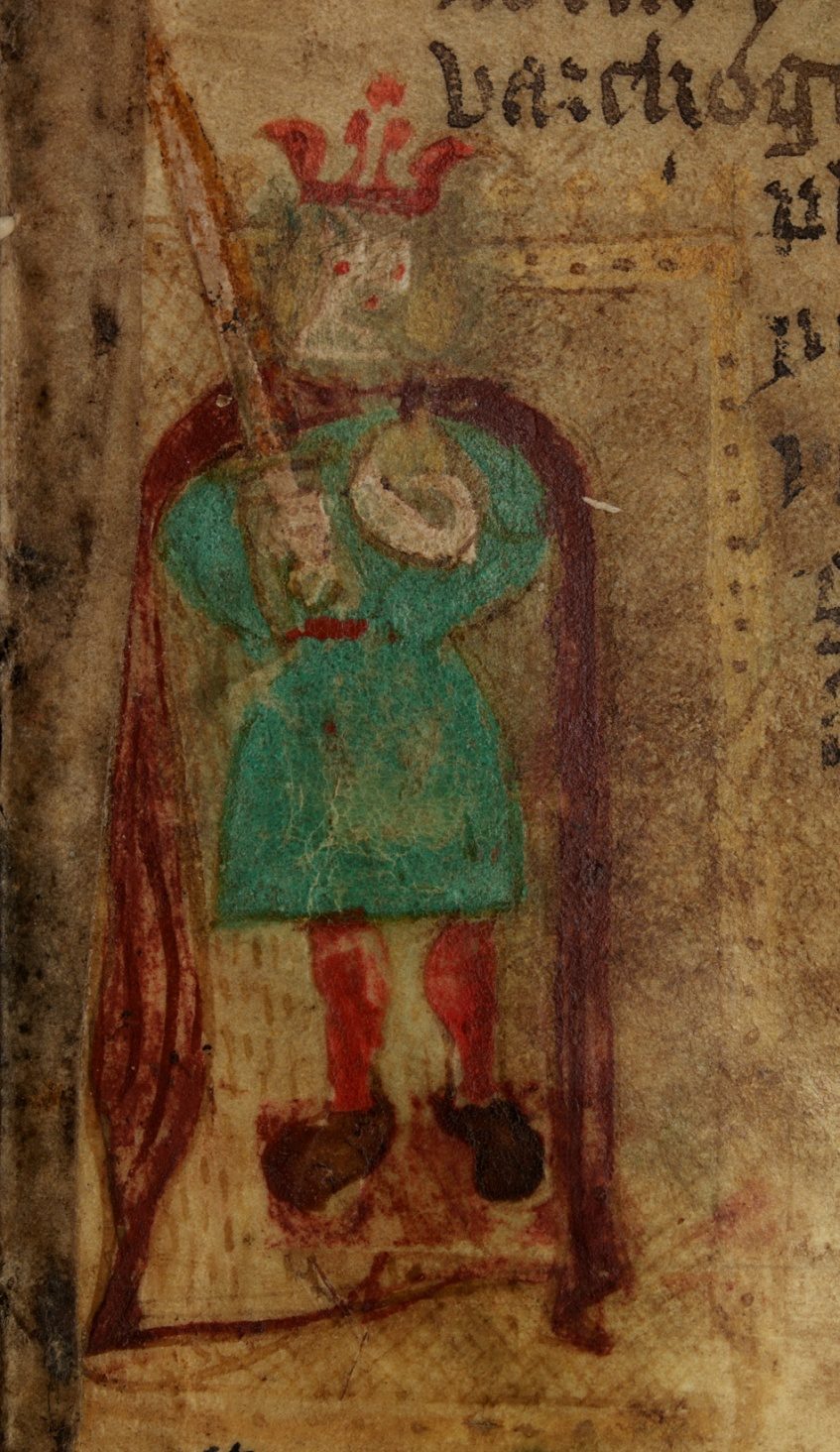 Représentation d'Aurelius Ambrosius tirée d'un manuscrit de l'Historia Regum Britanniae, XVe siècle, pays de Galles