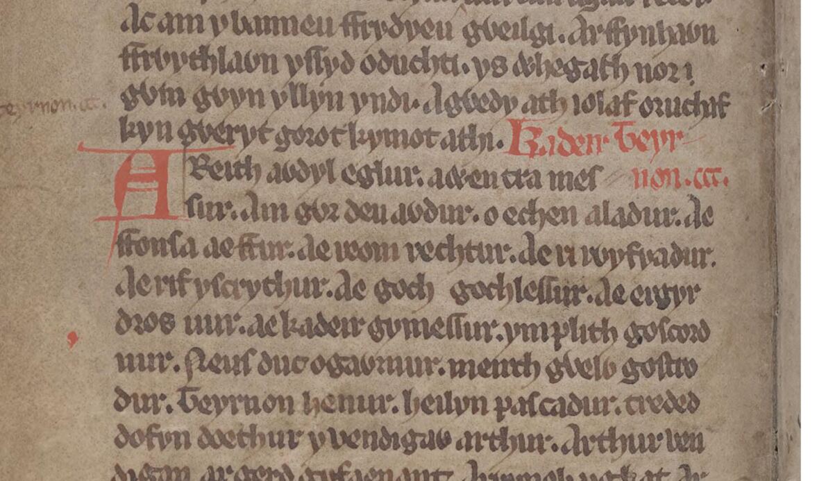 <i>Le Livre de Taliesin</i>, folio 16v, montrant le poème <i>Kadeir Teyrnon</i>, dans lequel le nom d'Aladur apparaît à la fin de la sixième ligne