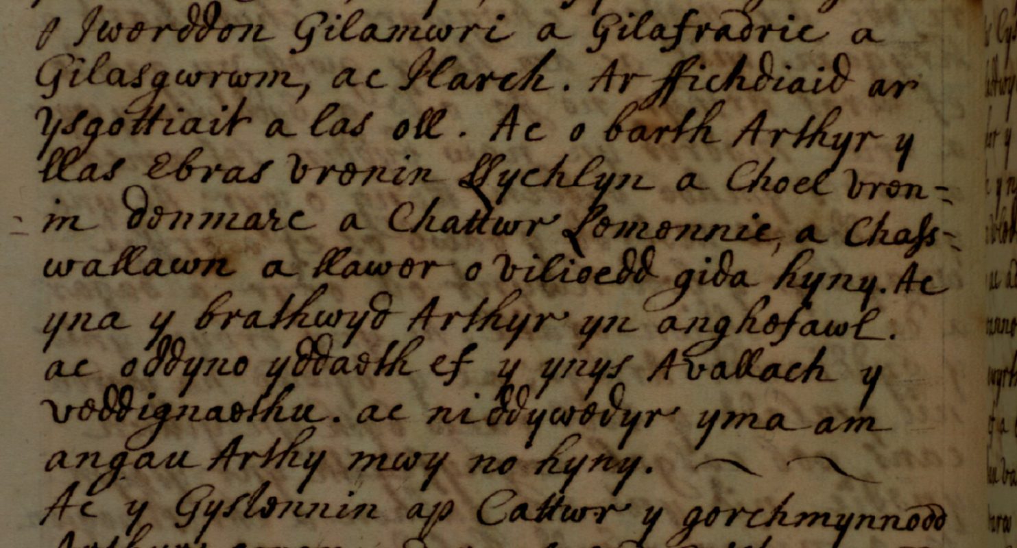 Folio du Brut Tysilio montrant la mort de Caswallon aux lignes cinq et six