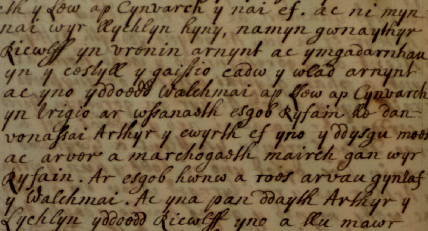 Brut Tysilio, Jesus College MS 28, page 140, montrant Gwalchmai envoyé à l'évêque de Rome aux lignes cinq et six, Bodleian Library, Oxford