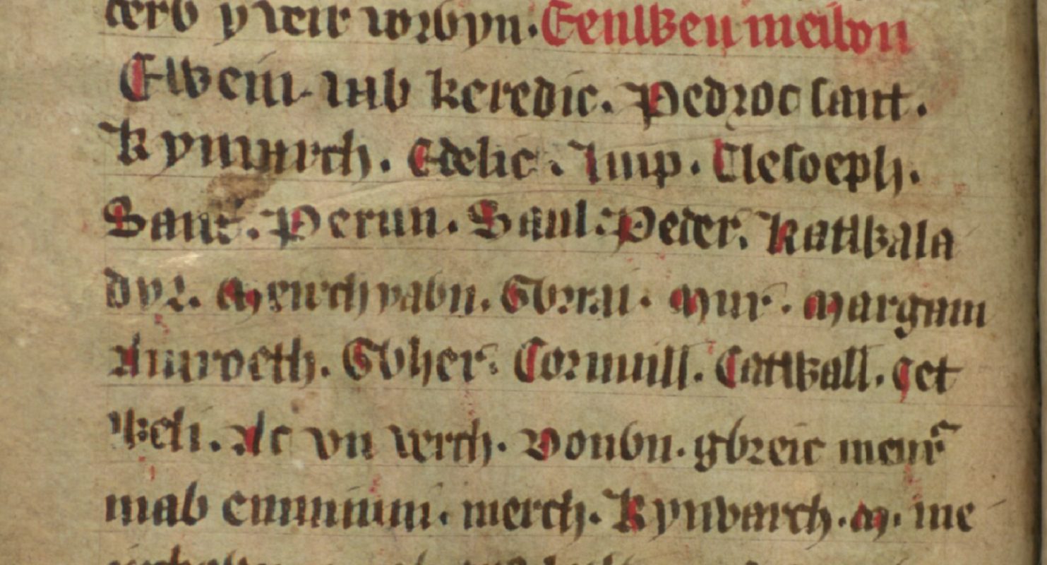 Jesus College MS 20, folio 34v, montrant plusieurs des fils de Glywys, tels que Meirchiawn sur la cinquième ligne