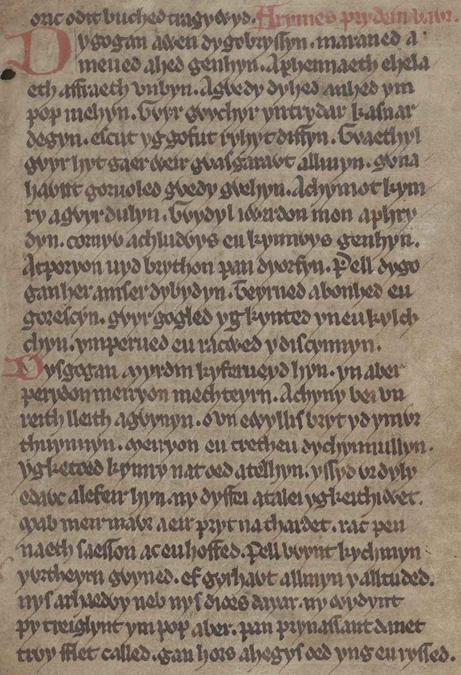 La première page d'"Armes Prydein Vawr", du manuscrit Peniarth MS 2, f. 6r