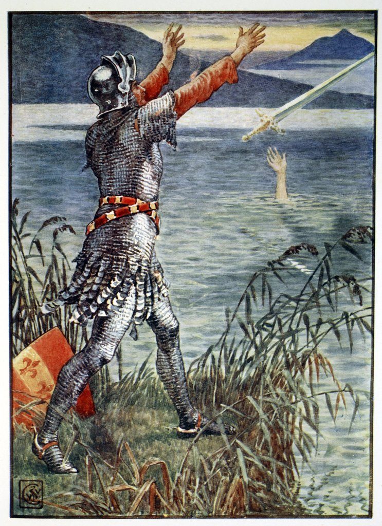 Le roi Arthur et sir Bedivere jetant Excalibur dans le lac