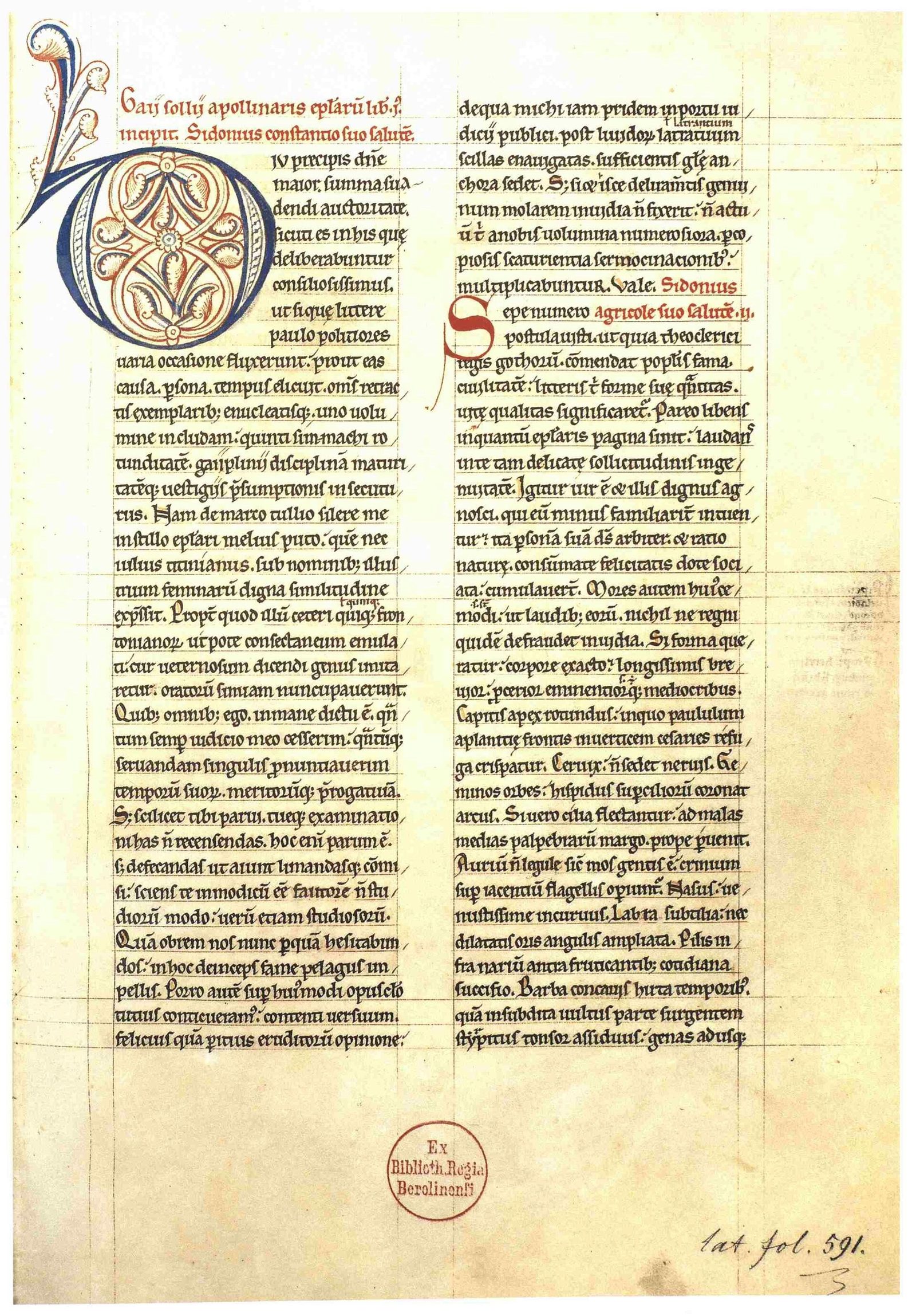 Le début des lettres de Sidoine dans le manuscrit Berlin, Staatsbibliothek, Ms. lat
