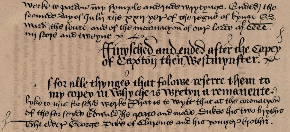 Fin de la copie du Brut de Caxton et début de la chronique originale de John Warkworth : fac-similé du manuscrit de Cambridge Peterhouse MS 190 f 214v
