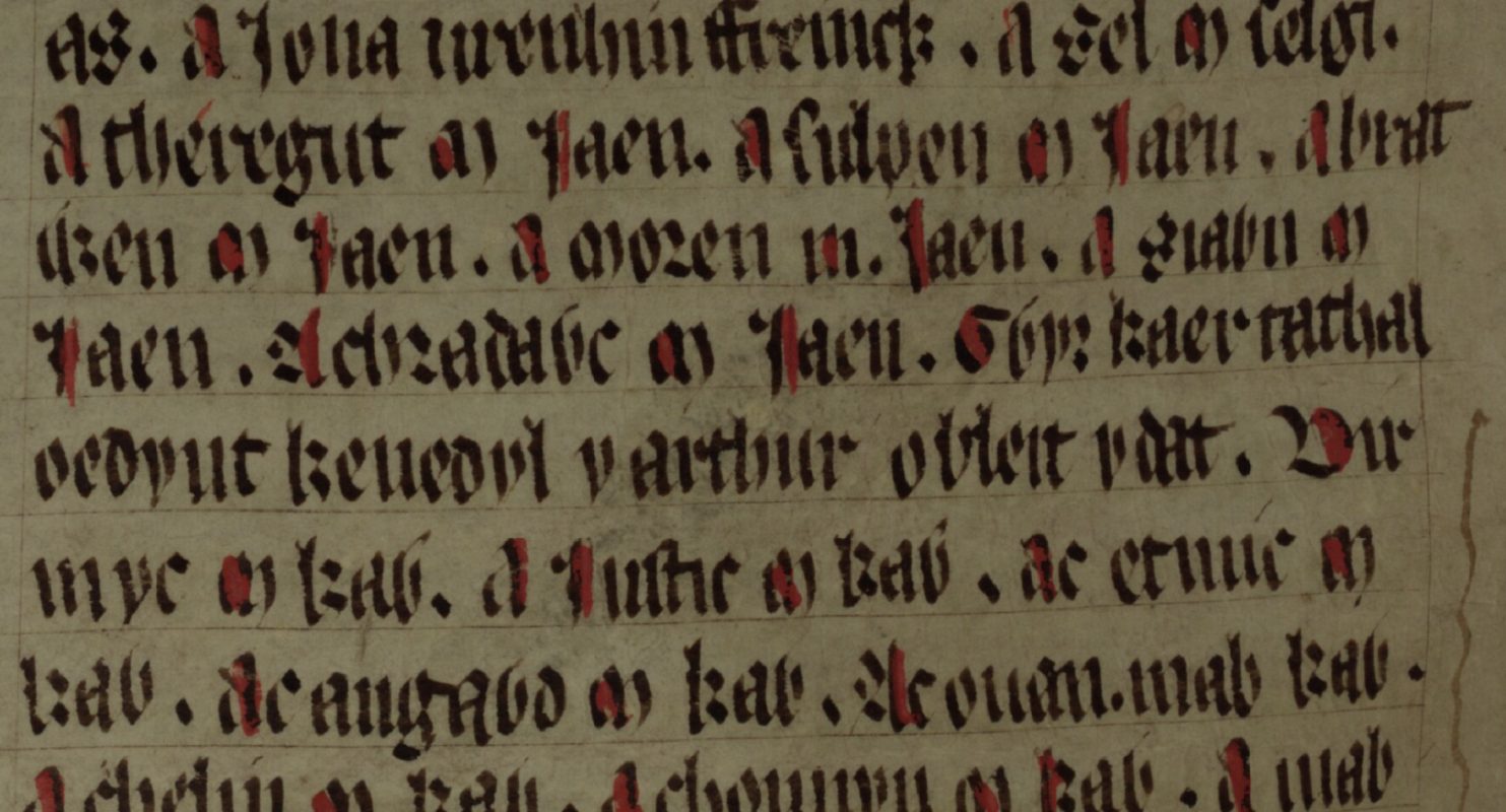 Culhwch and Olwen, folio 201v, montrant Moren ap Iaen au centre de la troisième ligne