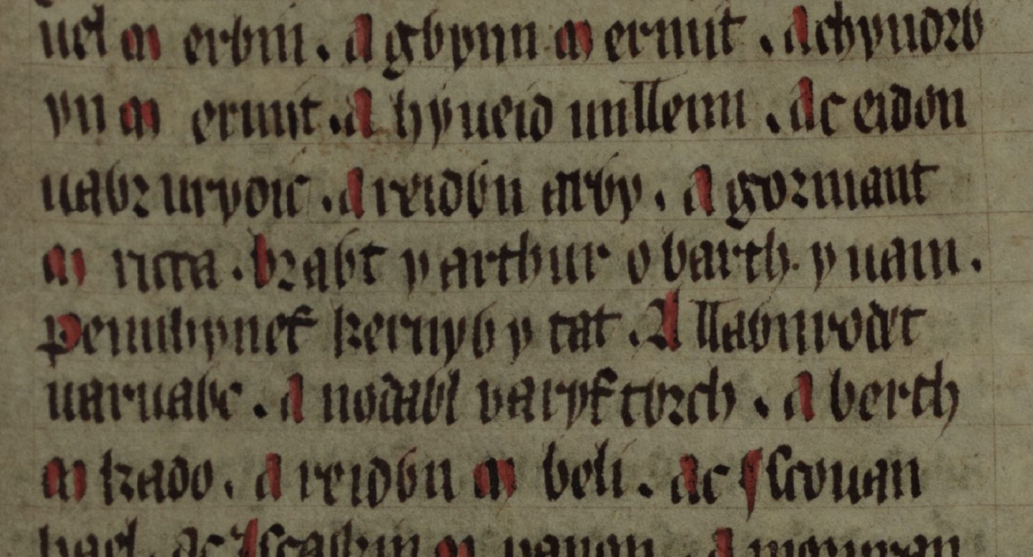Culhwch and Olwen, folio 202r, montrant Gormant ap Ricca sur les troisième et quatrième lignes