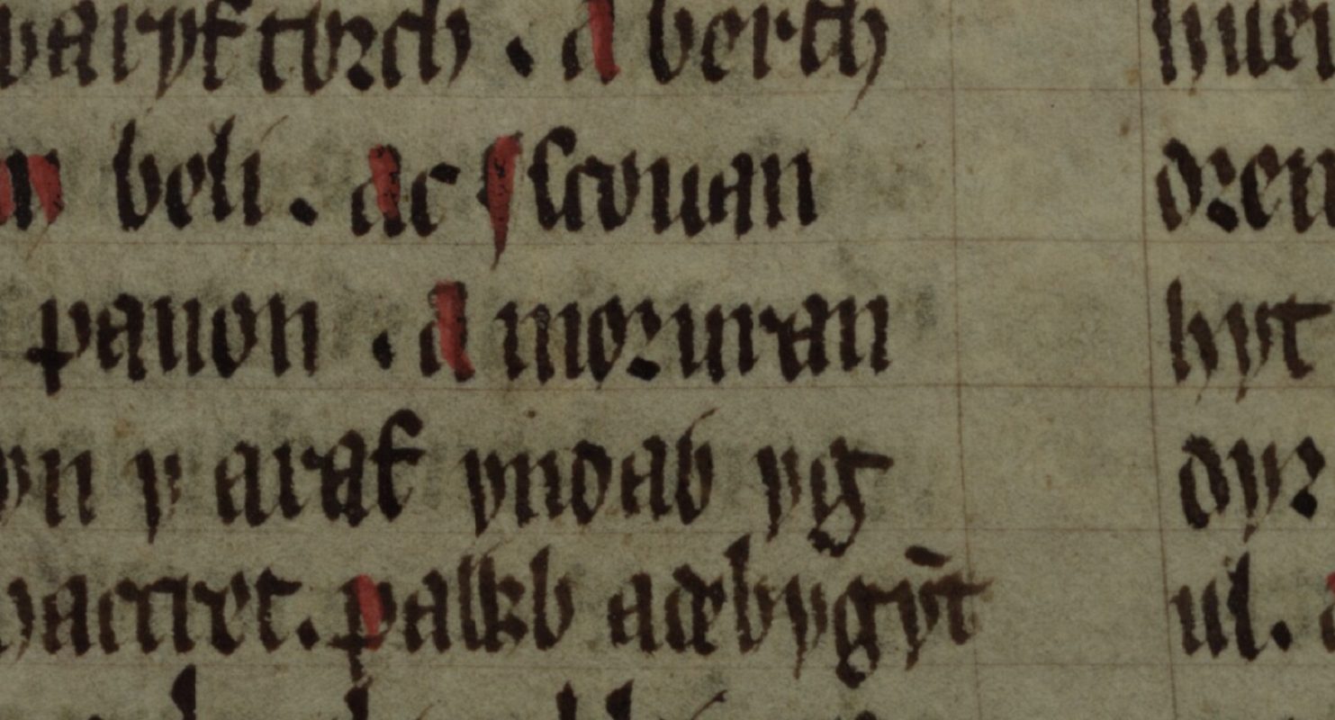 Culhwch and Olwen, folio 202r, montrant Morfran (« Morvran ») au centre
