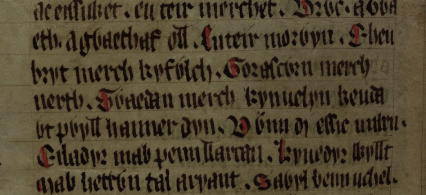 Culhwch and Olwen, folio 202v, montrant « Gwaedan merch Kynuelyn Keutawt » sur les quatrième et cinquième lignes