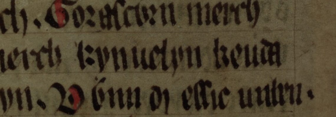 Culhwch and Olwen, folio 202v, montrant Kynfelyn Keutawt (les deux dernières lettres se trouvent sur la ligne suivante)