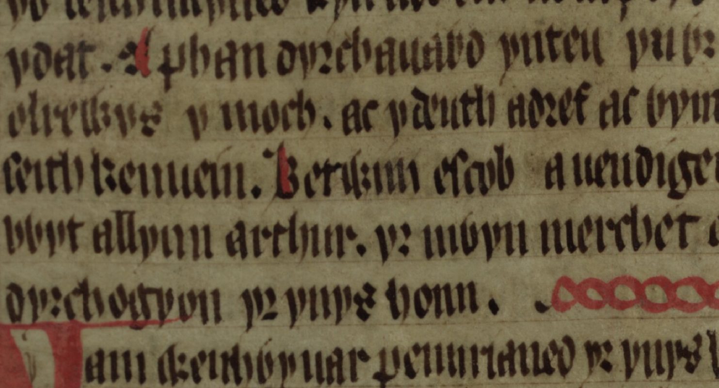 Culhwch and Olwen, folio 203r, montrant l'évêque Bedwini (Betwini escob) au centre, Bodleian Library, Oxford