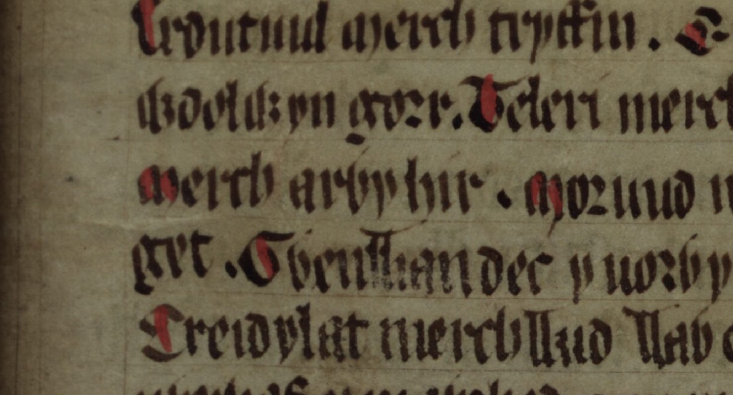 Culhwch and Olwen, folio 203r, montrant Garwy Hir (« Arwy hir ») au centre