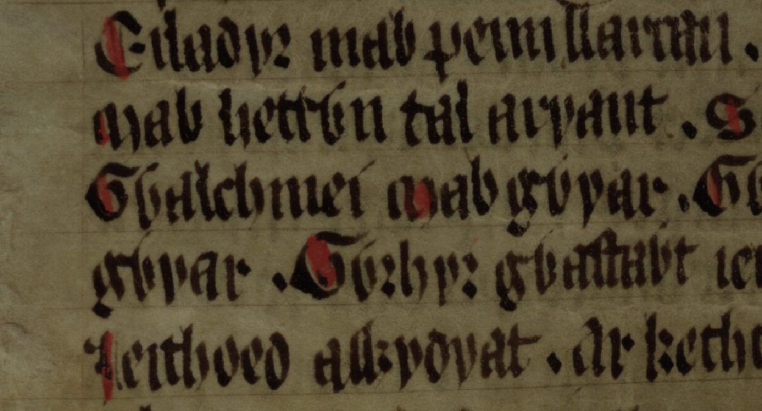 Culhwch and Olwen, folio 202v, montrant le chevalier d'Arthur Gwalchmai sur la ligne centrale