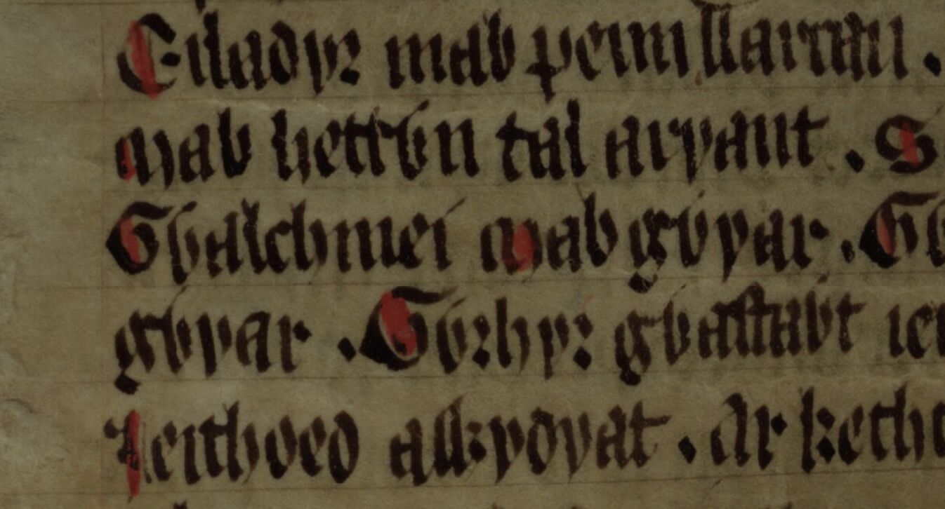 <i>Culhwch et Olwen</i>, folio 203r, montrant « Gwalchmei mab Gwyar » au centre