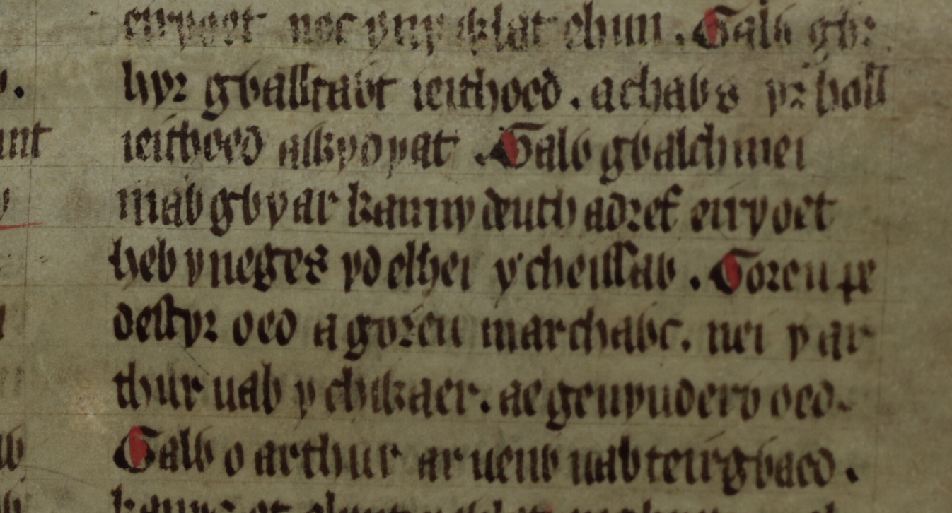 <i>Culhwch et Olwen</i>, folio 203r, montrant la ligne où Gwyar, mère de Gwalchmai, est révélée être la sœur d'Arthur