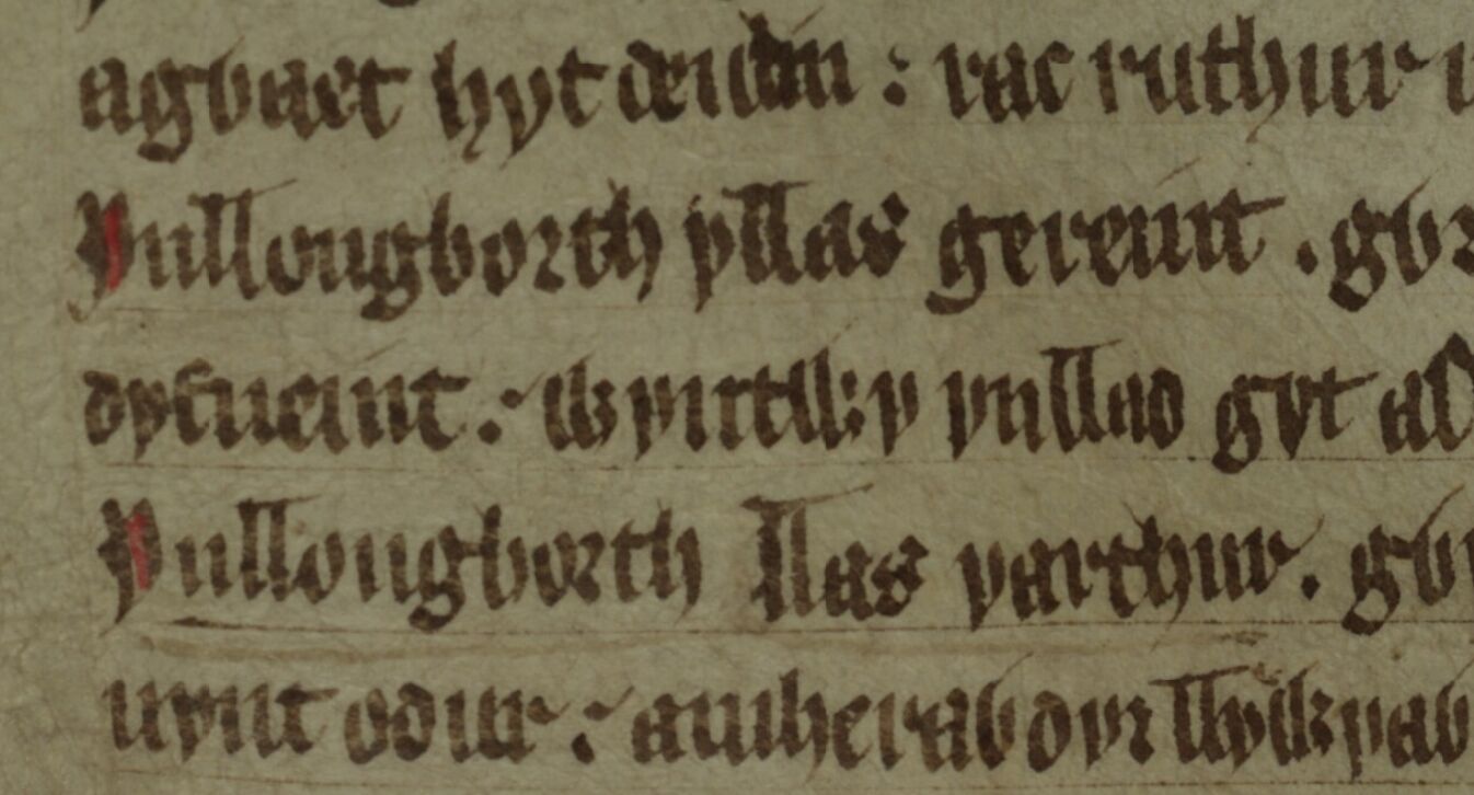 Le poème <i>Englynion Gereint fab Erbin</i> dans le Livre rouge de Hergest, folio 259v, avec la référence à la mort de Gereint sur la deuxième ligne et la référence à Arthur sur la quatrième ligne