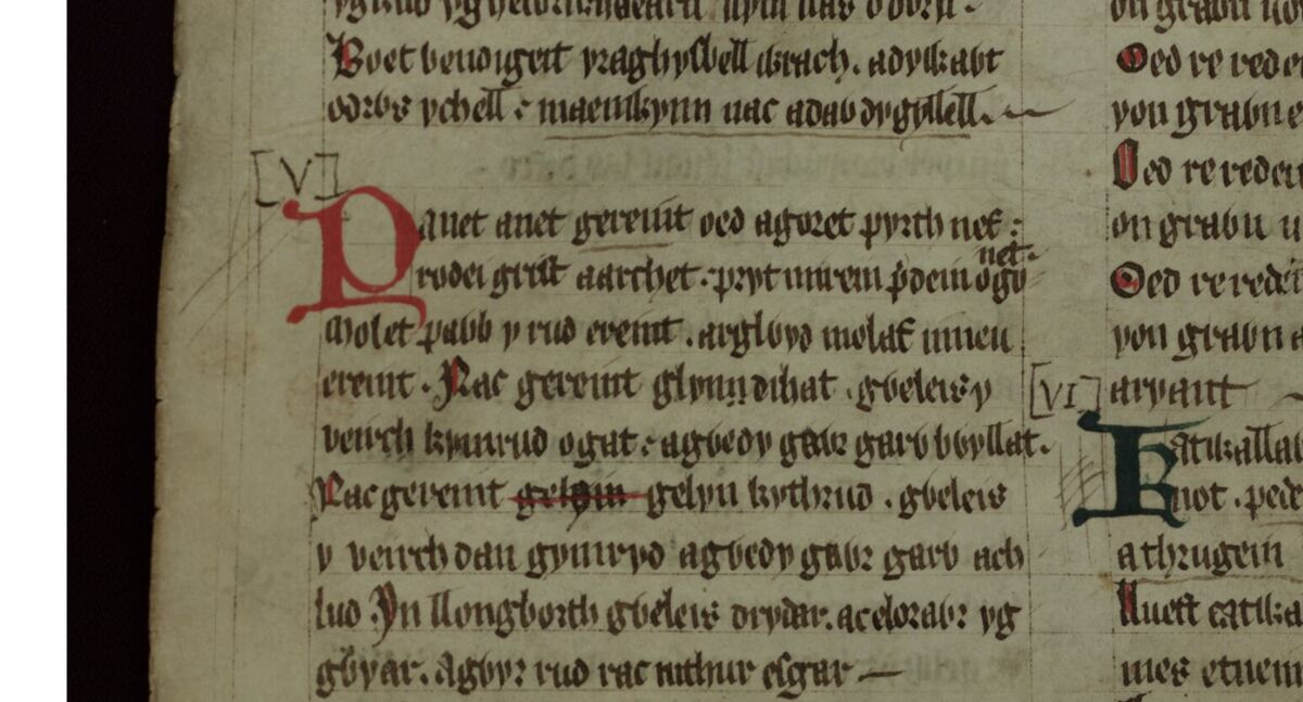 Le poème <i>Englynion Gereint fab Erbin</i> dans le Livre rouge de Hergest, folio 259v, commençant au milieu de la colonne de gauche