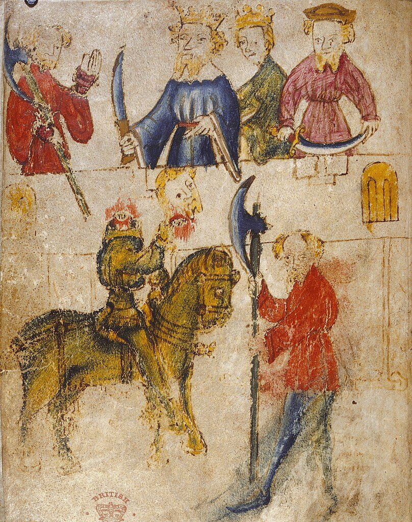 Représentation du Chevalier vert à la cour du roi Arthur dans le manuscrit de Pearl, fin du XIVe siècle