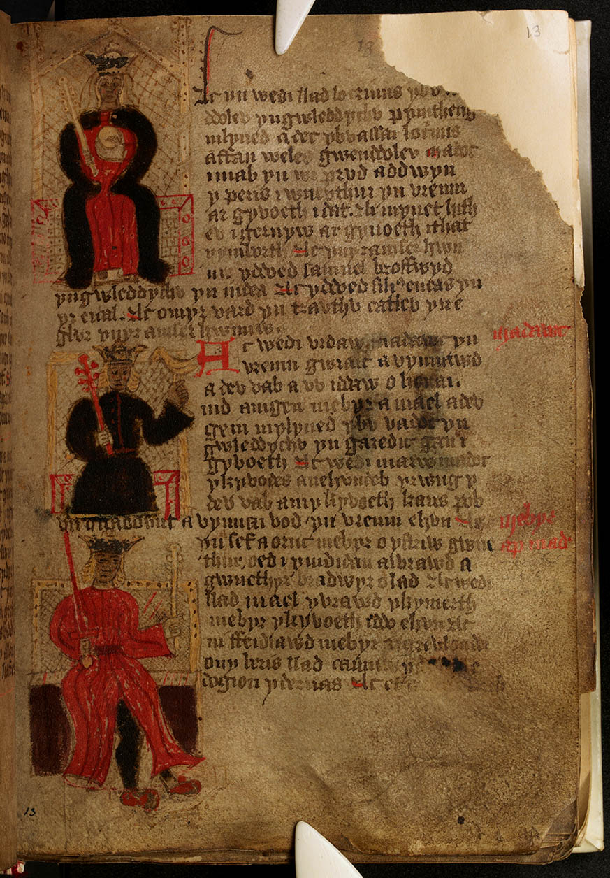 Manuscrit de l'Historia Regum Britanniae de Geoffroy de Monmouth, Peniarth MS 23c, folio 13r, Bibliothèque nationale du Pays de Galles