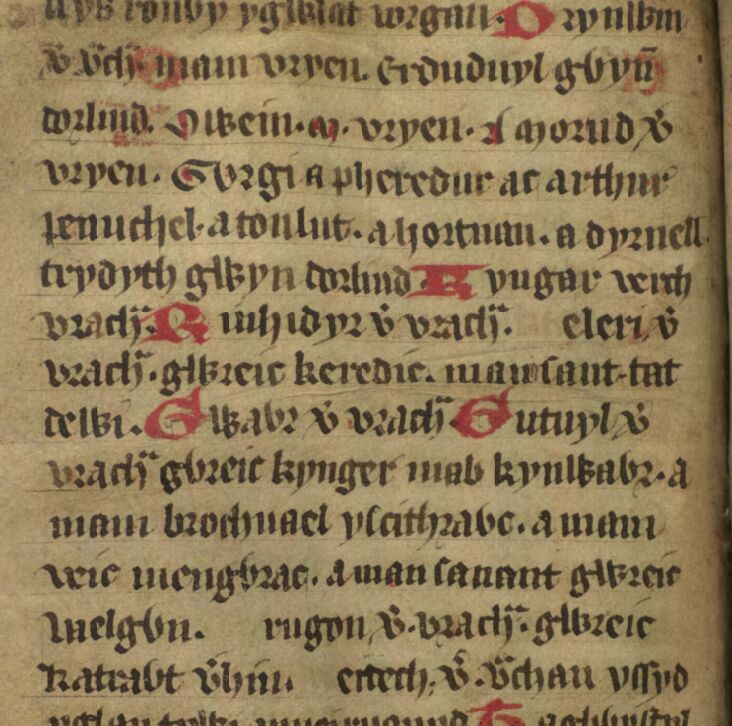 Vue du folio 33v du <i>Jesus College MS 20</i>, montrant le nom de Brychan apparaissant sous la forme « Vrach » à plusieurs reprises, notamment au début des lignes sept, huit et dix