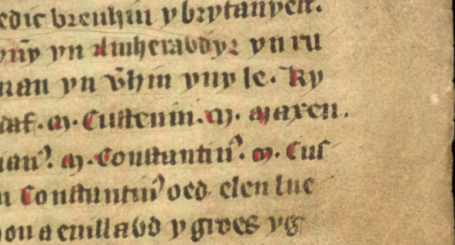 Jesus College MS 20, folio 34r, montrant le nom de Magnus Maximus écrit « Maxen » à la fin de la ligne centrale