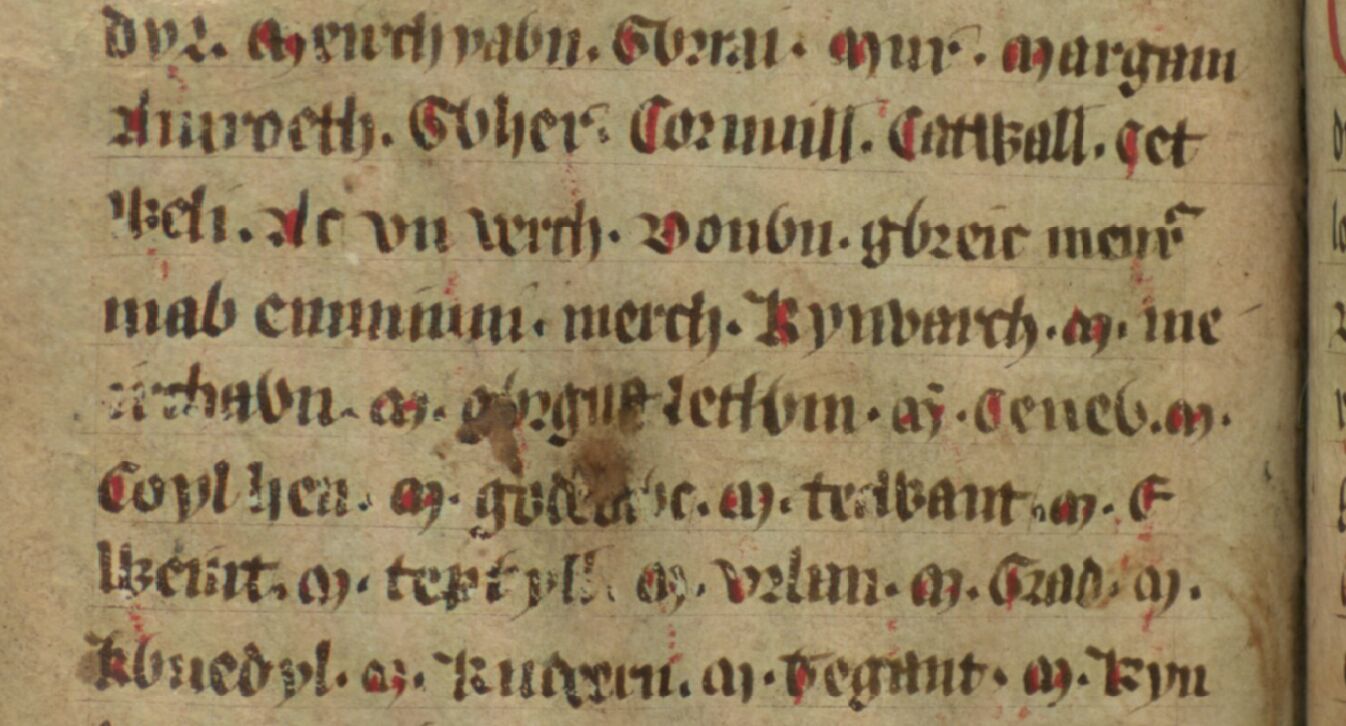 Jesus College MS 20, folio 34v, montrant Meirchion ap Gwrgust sur les quatrième et cinquième lignes, peut-être l'adversaire d'Illtud
