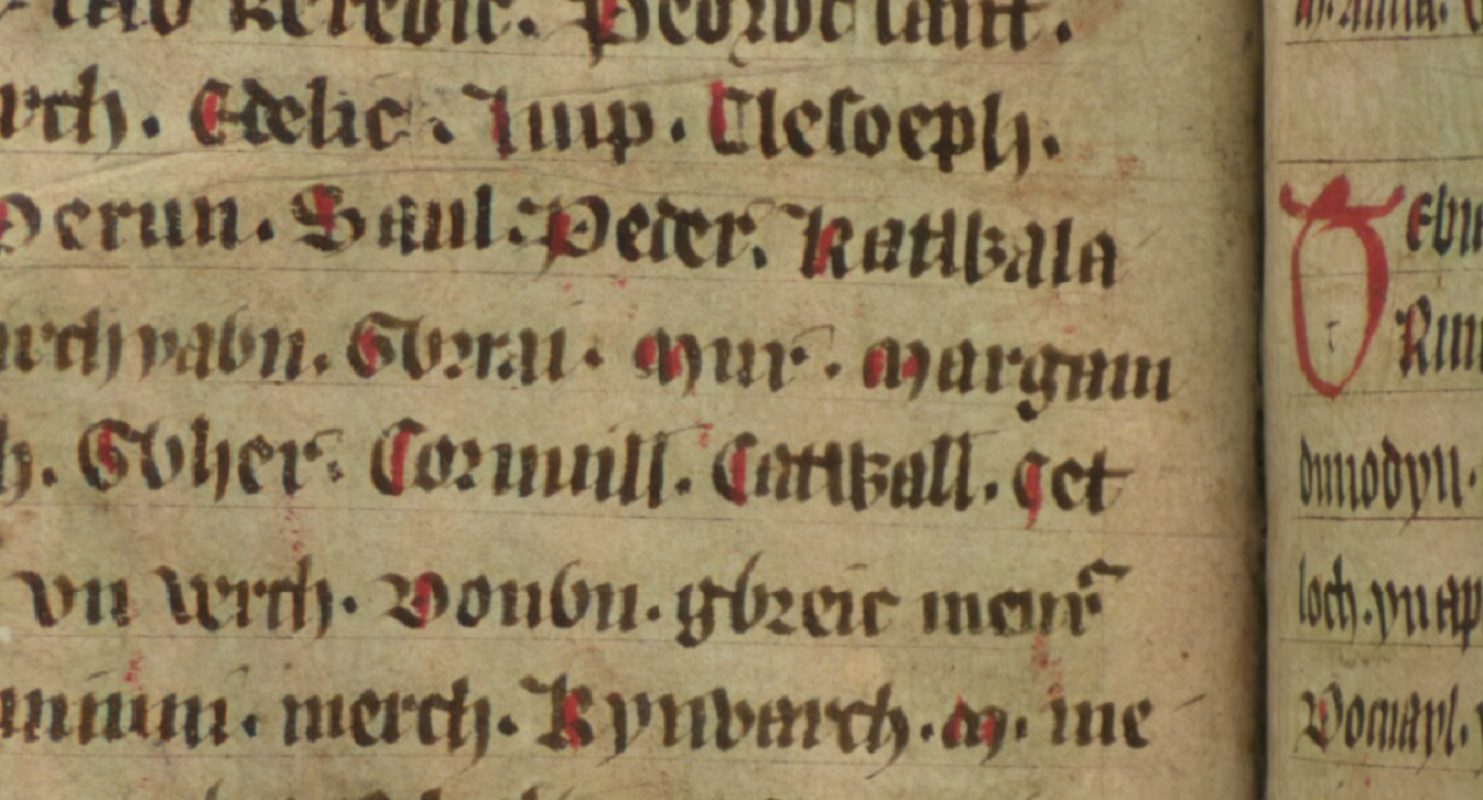 Jesus College MS 20, folio 34v, montrant au centre Mur, fils de Glywys, Bodleian Library, Oxford