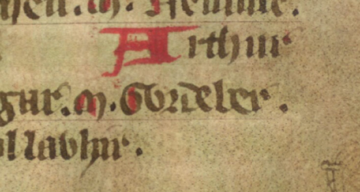 Jesus College MS 20, folio 36r, montrant le Vortipor de Gildas sous la forme Gwrdeber, grand-père de Pedr de Dyfed