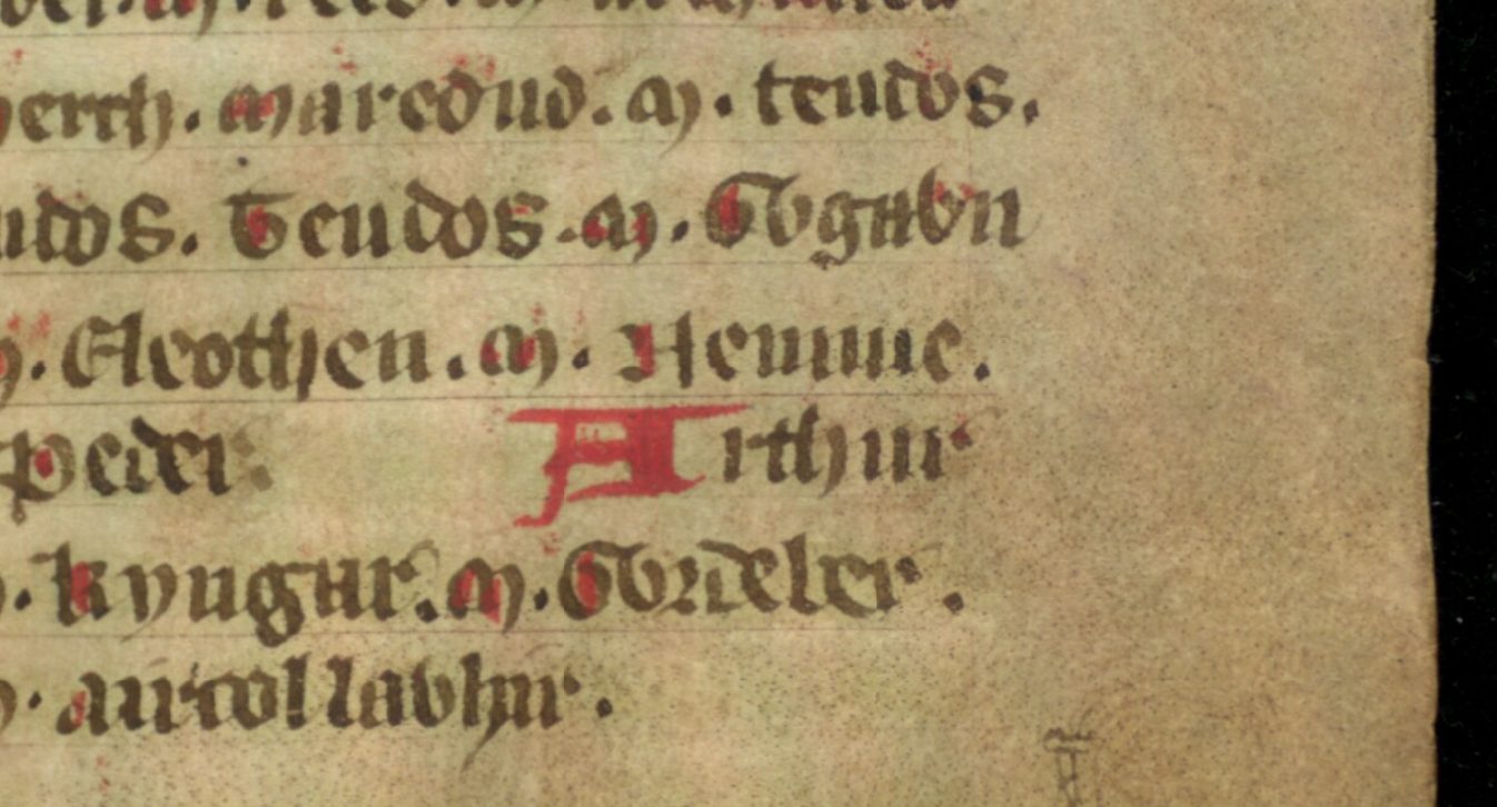 Jesus College MS 20, folio 36r, montrant Nowy, le fils d'Arthur, orthographié « Nennue » dans ce document