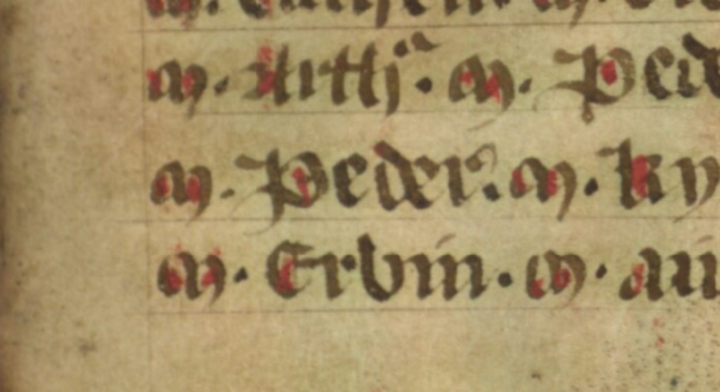 Jesus College MS 20, folio 36r, montrant Pedr de Dyfed avec son nom orthographié « Peder »