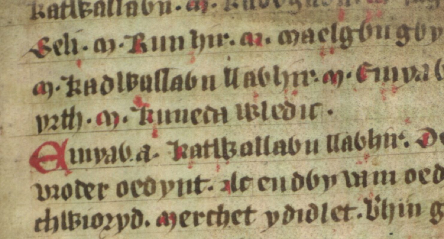 Jesus College MS 20, folio 38r, montrant Cunedda Wledig comme ancêtre de Maelgwn Gwynedd, Bodleian Library, Oxford