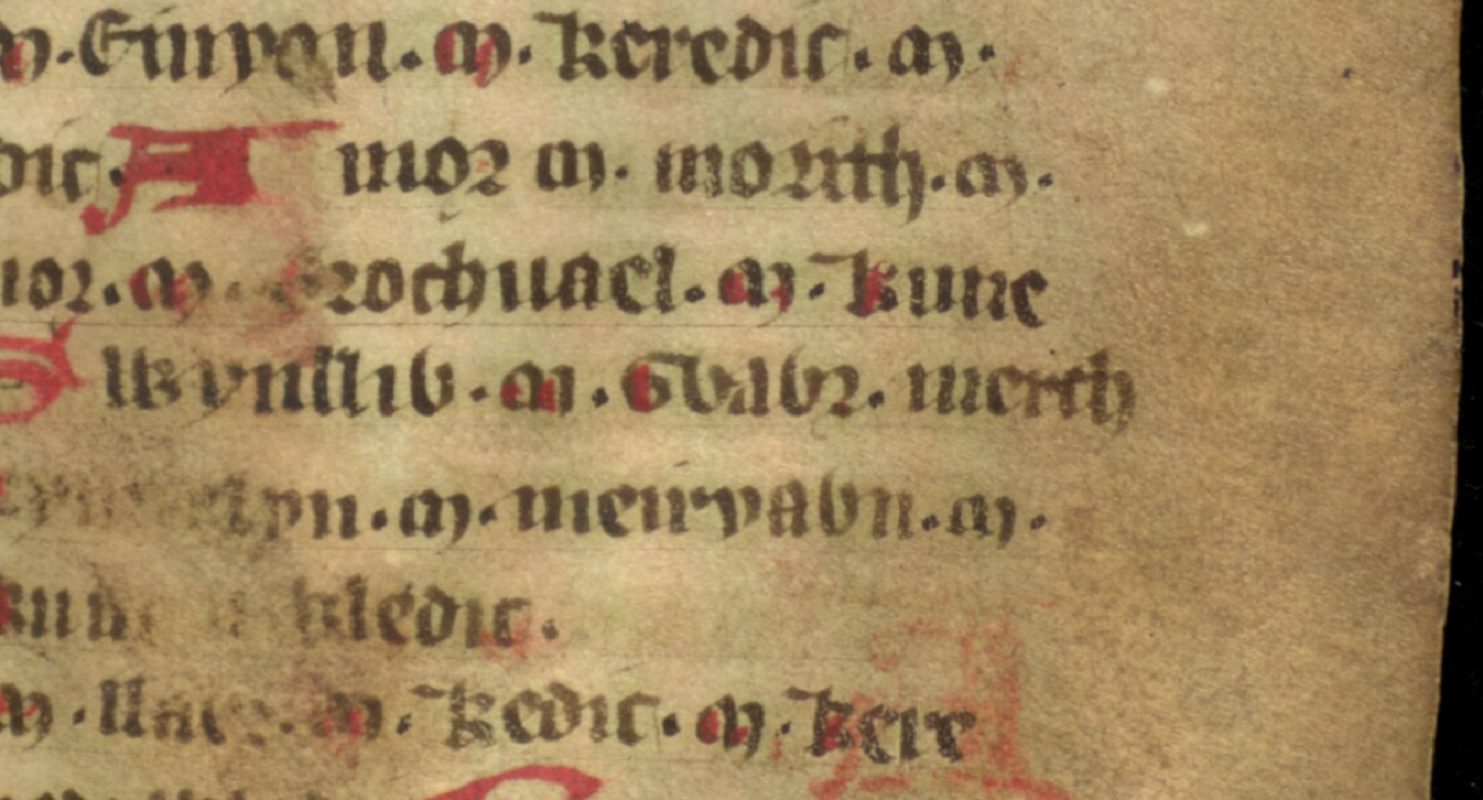 Jesus College MS 20, folio 40r, montrant Gwawr au centre, la probable Igerna historique