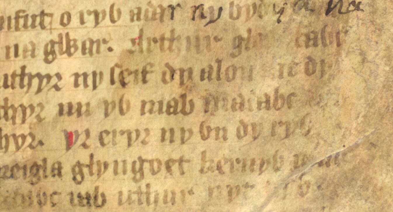 Jesus College MS 20, folio 1r, montrant Eliwlod se déclarant fils de « Madawc » (fin de la ligne centrale)