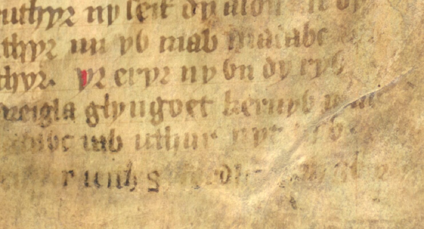 Jesus College MS 20, folio 1r, montrant « glyn goet kernyw » dans le poème Arthur et l'Aigle