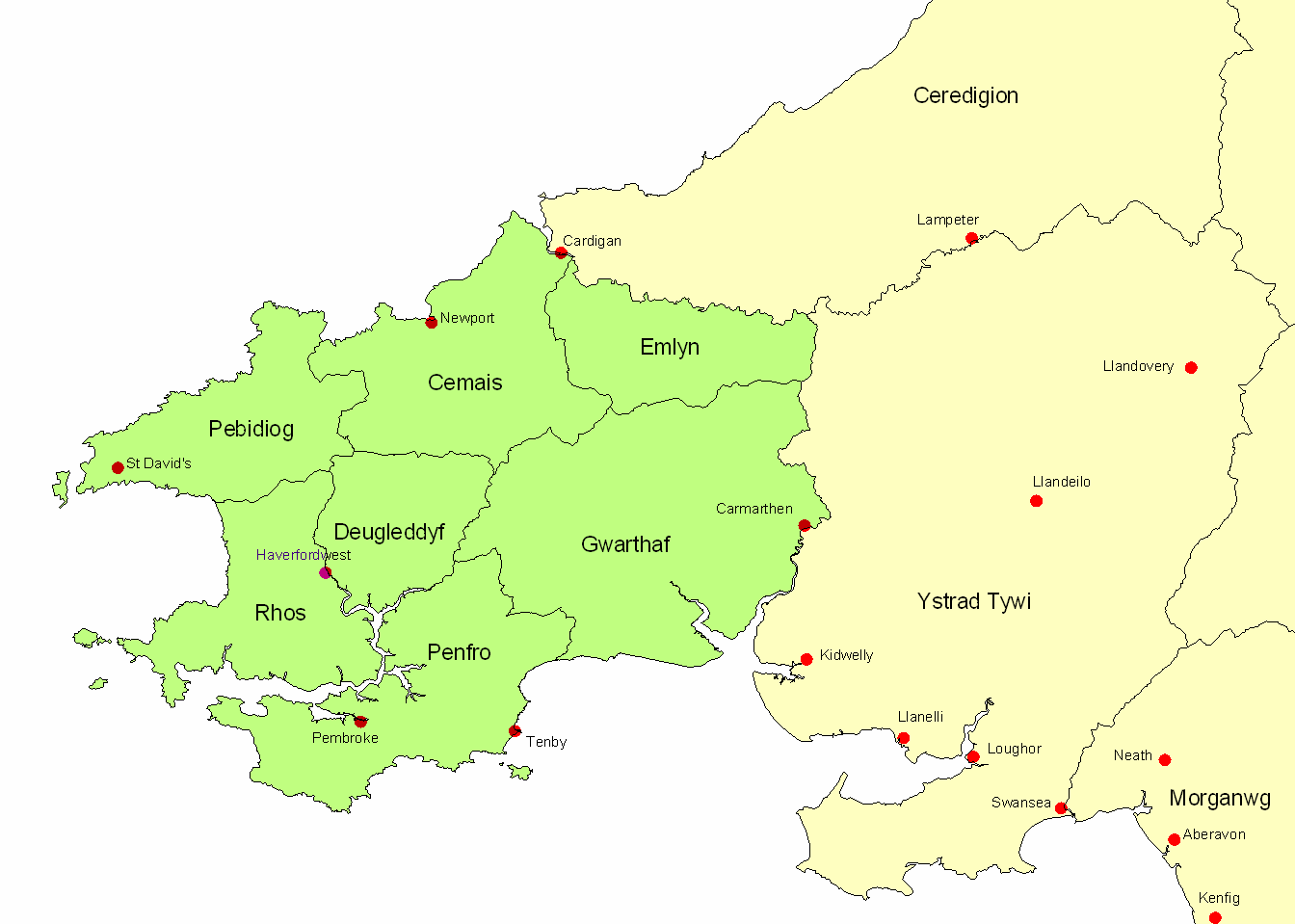 Carte montrant le royaume médiéval de Dyfed dans le sud du Pays de Galles, où Budic III vécut en exil