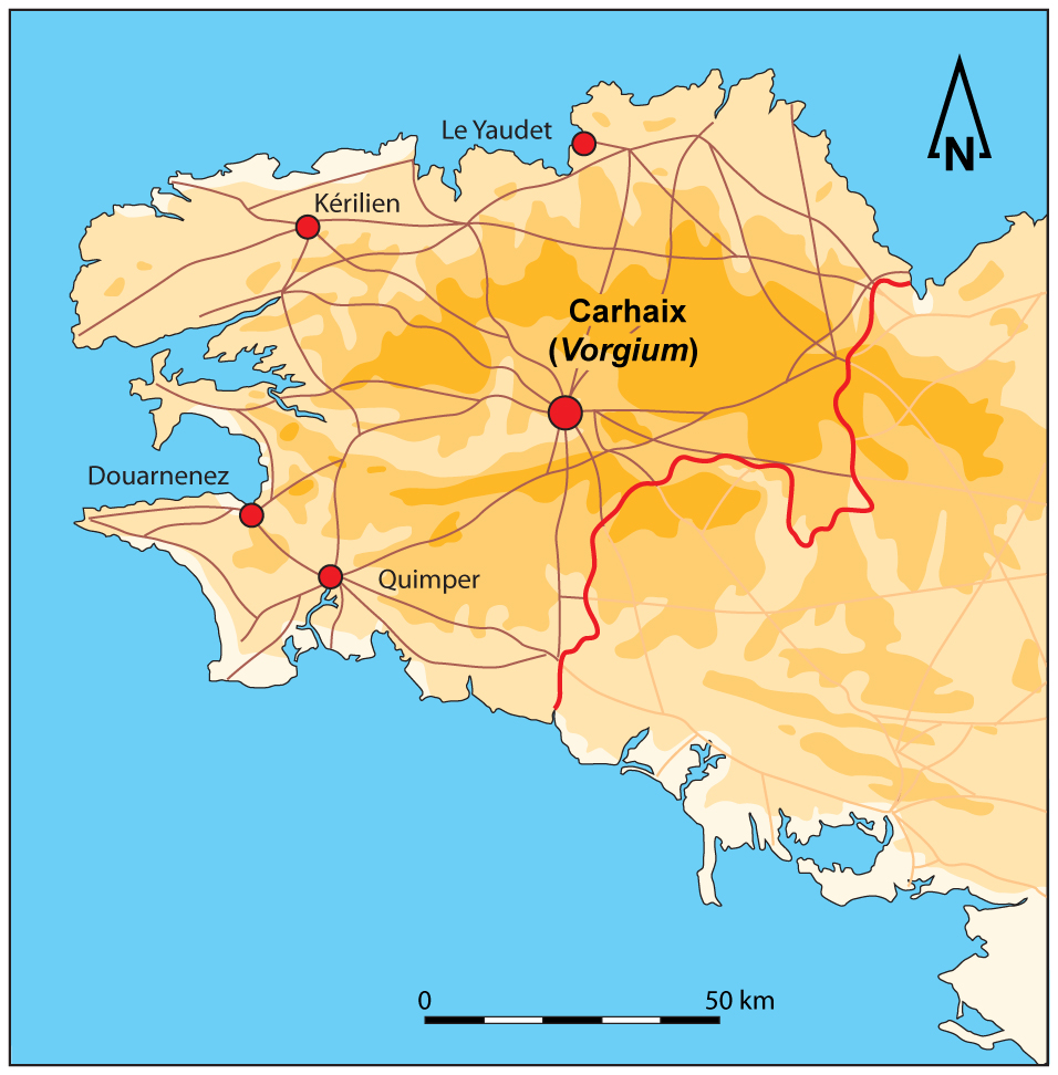 Carte montrant l'emplacement de Carhaix en Bretagne armoricaine