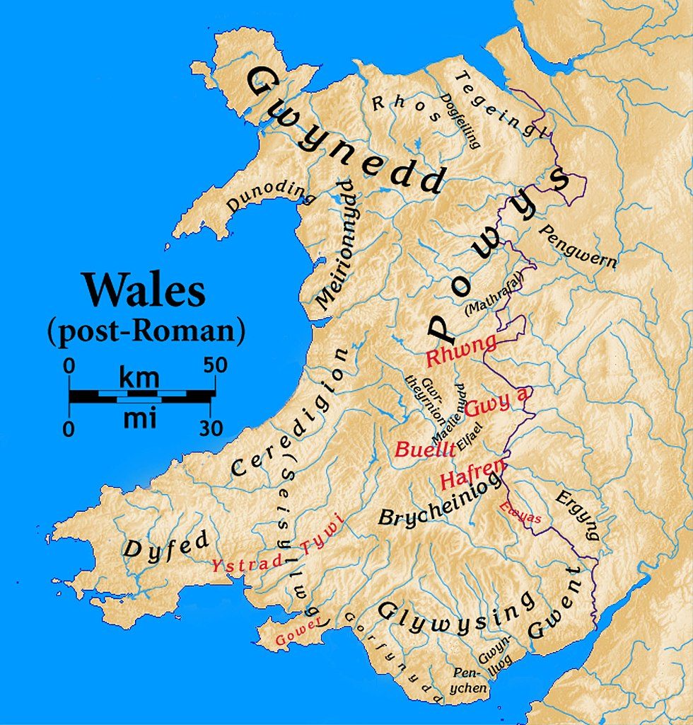 Carte montrant l'emplacement du royaume du Gwynedd, territoire de Cadwallon Lawhir