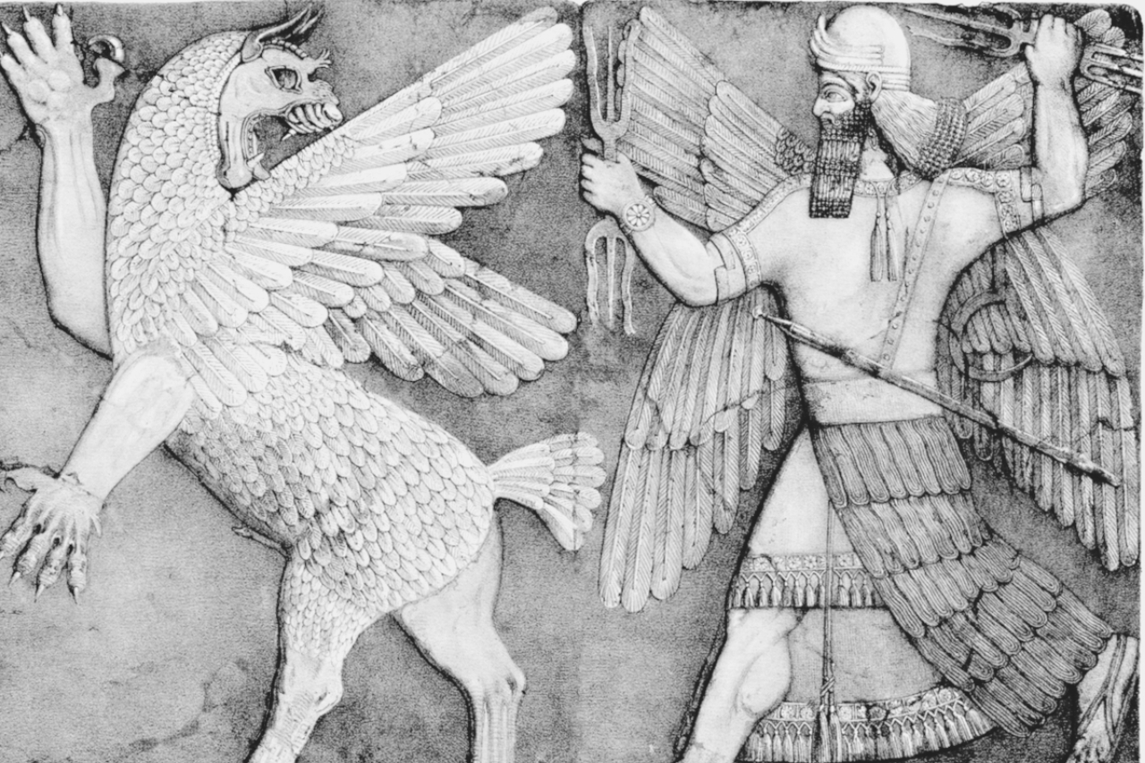 Marduk (dieu babylonien de la Création) contre Tiamat (déesse de la Mer)