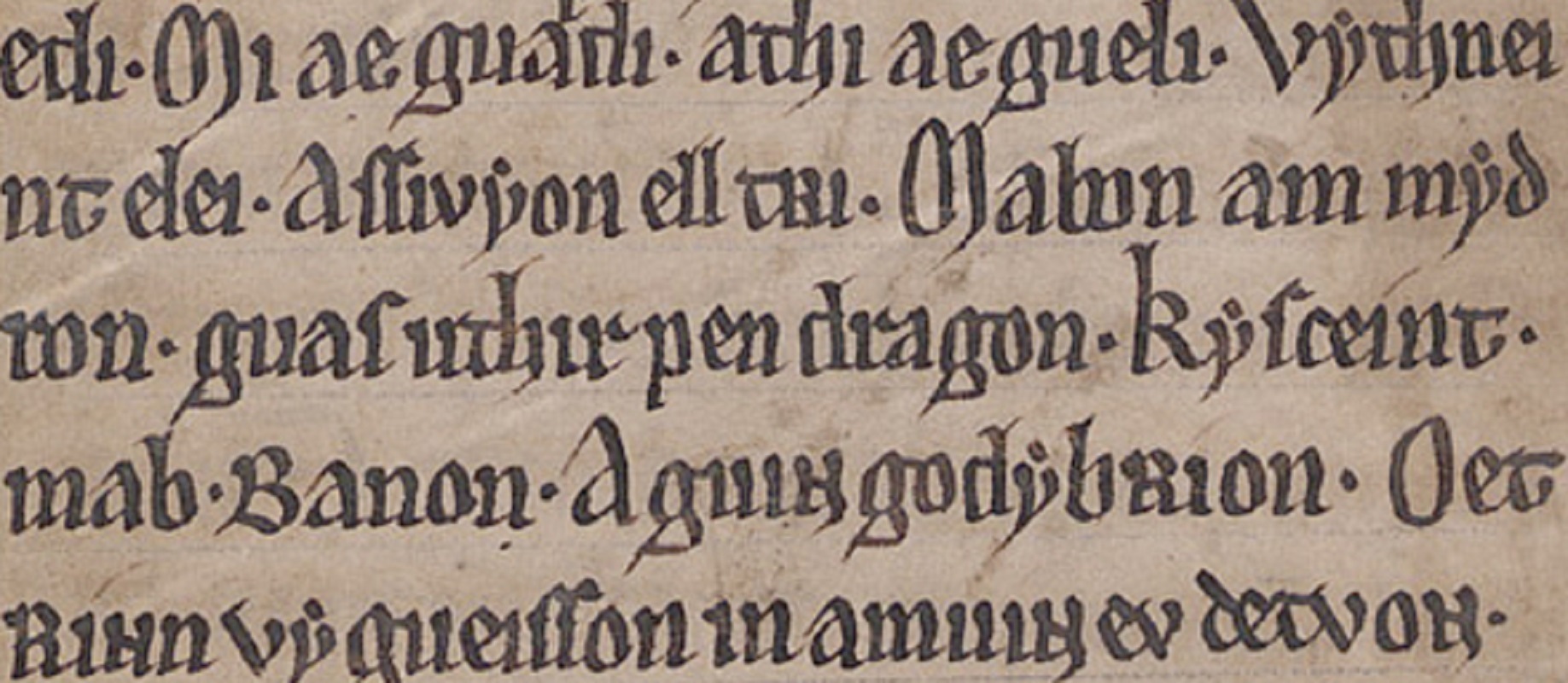 MS Peniarth 1, folio 47r, montrant la mention de « uthir pen dragon » dans le poème <i>Pa Gur</i>