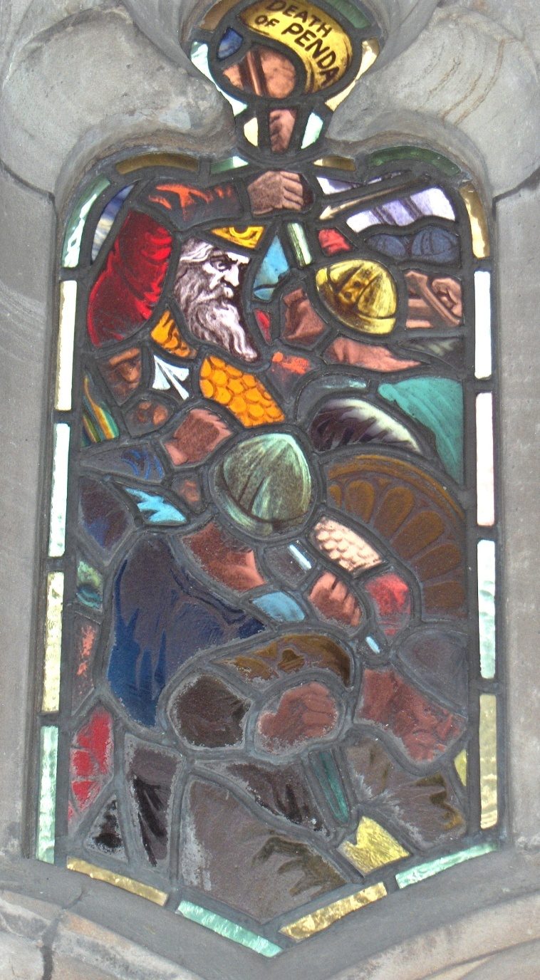 Vitrail représentant la mort de Penda de Mercie, cathédrale de Worcester, Angleterre