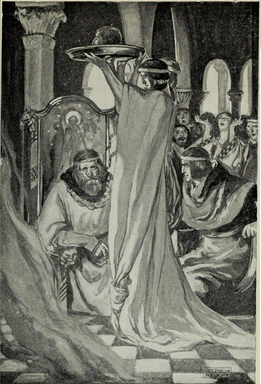 Illustration de la scène du conte gallois Peredur dans laquelle le roi voit une tête tranchée, tirée de Myths and Legends of the Celtic Race de T W Rolleston, 1910