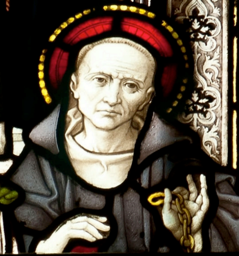 Vitrail représentant saint Petroc, dont l'hagiographie mentionne possiblement le roi Constantine, cathédrale de Truro, Truro, Cornouailles