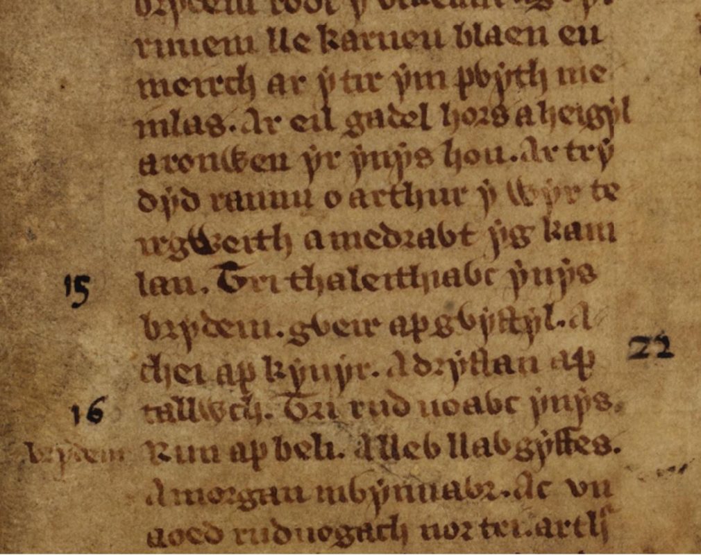 Une référence à la bataille de Camlann dans les Triades galloises, Livre blanc de Rhydderch, folio 56r