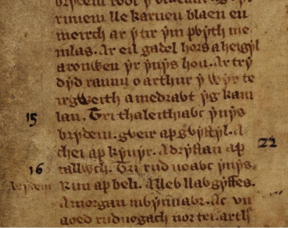 Une référence à la bataille de Camlann dans les Triades galloises, Livre blanc de Rhydderch, folio 56r